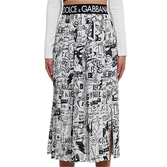 NWT Dolce & Gabbana White Graffiti Print Pleated Skirt IT 36 US XXS - Picture 1 of 10
